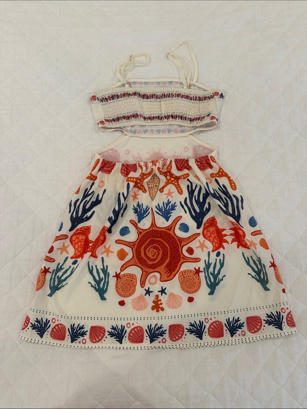SHEIN Cream Mini Dress with Red & Blue Ocean Motif NWOT - Picture 2 of 3